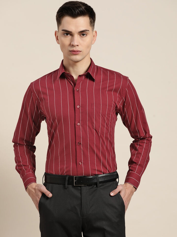 Men Maroon Stripes Pure Cotton Slim Fit Formal Shirt