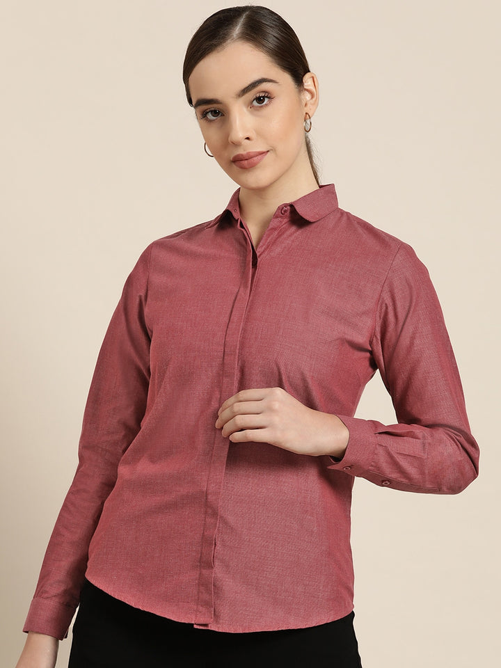 Women Maroon Solid Pure Cotton Slim Fit Formal Shirt