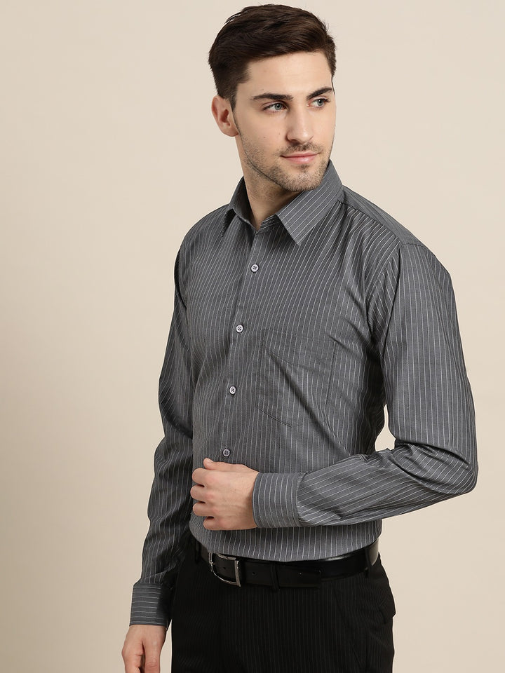 Men Grey Stripes Pure Cotton Slim Fit Formal Shirt