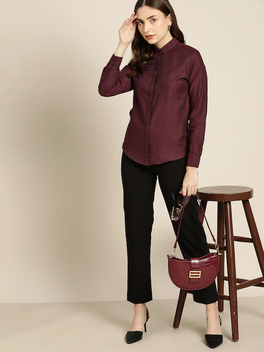 Women Maroon Solid Pure Cotton Slim Fit Formal Shirt