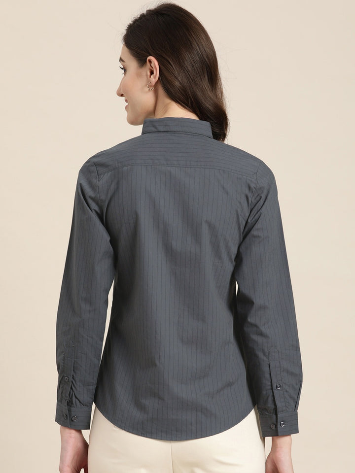 Women Grey Striped Pure Cotton Slim Fit Formal Shirt