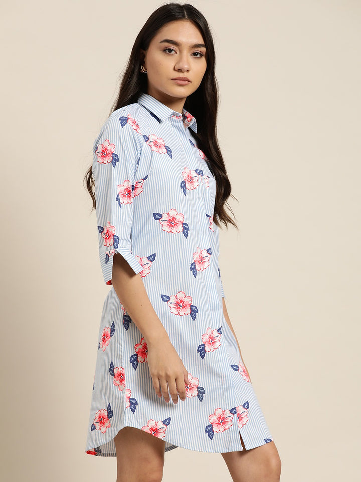 Women White-Blue Prints Pure Cotton Regular Fit Formal Dress