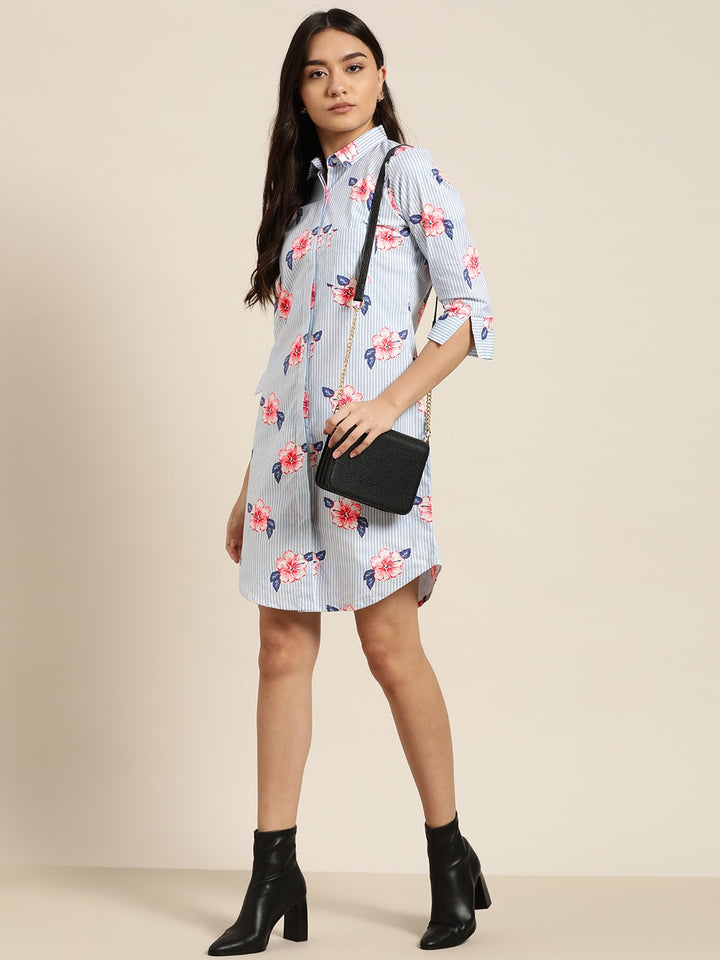 Women White-Blue Prints Pure Cotton Regular Fit Formal Dress