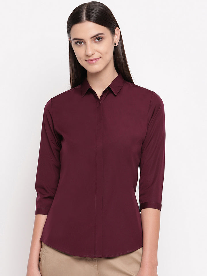 Women Wine Pure Cotton Solid Slim Fit Formal Shirt