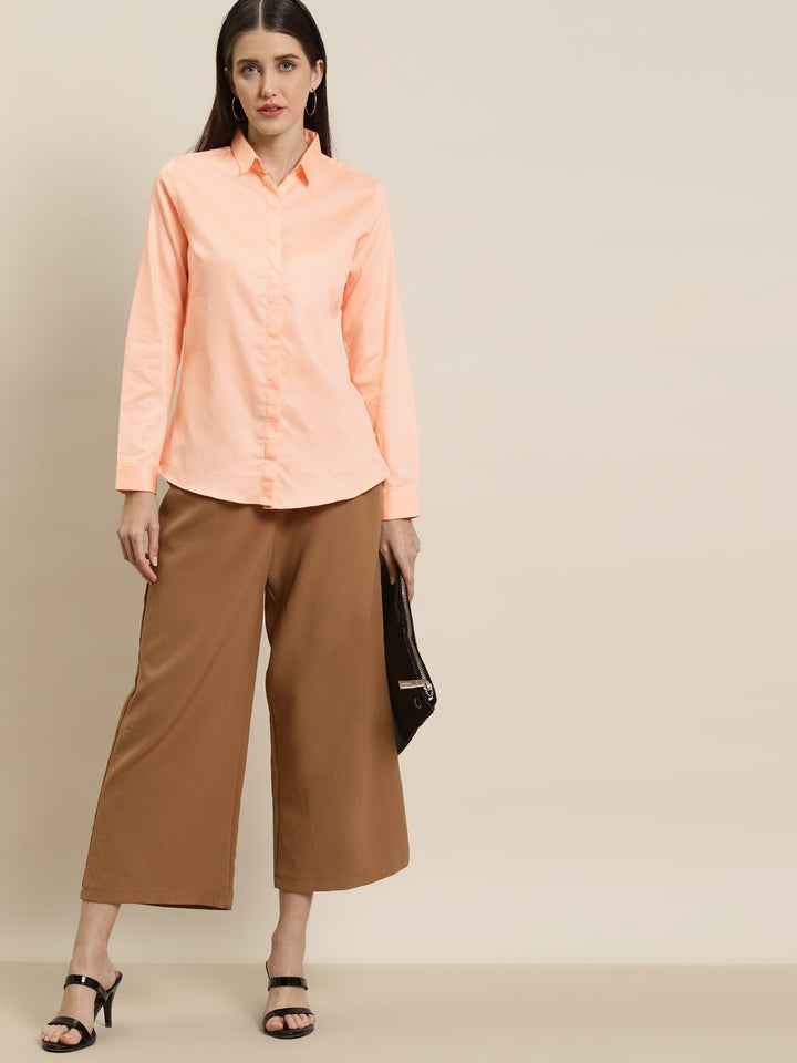 Women Peach Solid Pure Cotton Satin Slim Fit Formal Shirt