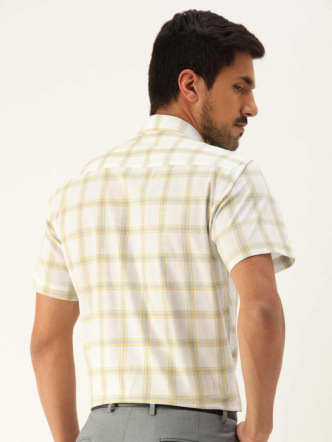 Men White & Yellow Checks Pure Cotton Slim Fit Formal Shirt