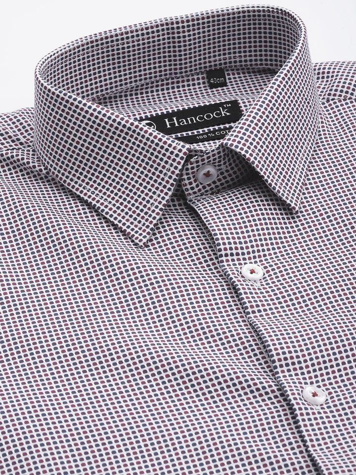 Men White & Maroon Solid Self Design Dobbys Pure Cotton Slim Fit Formal Shirt