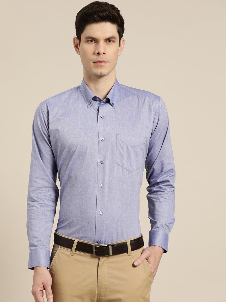 Men Blue Solid Chambray Button Down Collar Slim Fit Formal Shirt