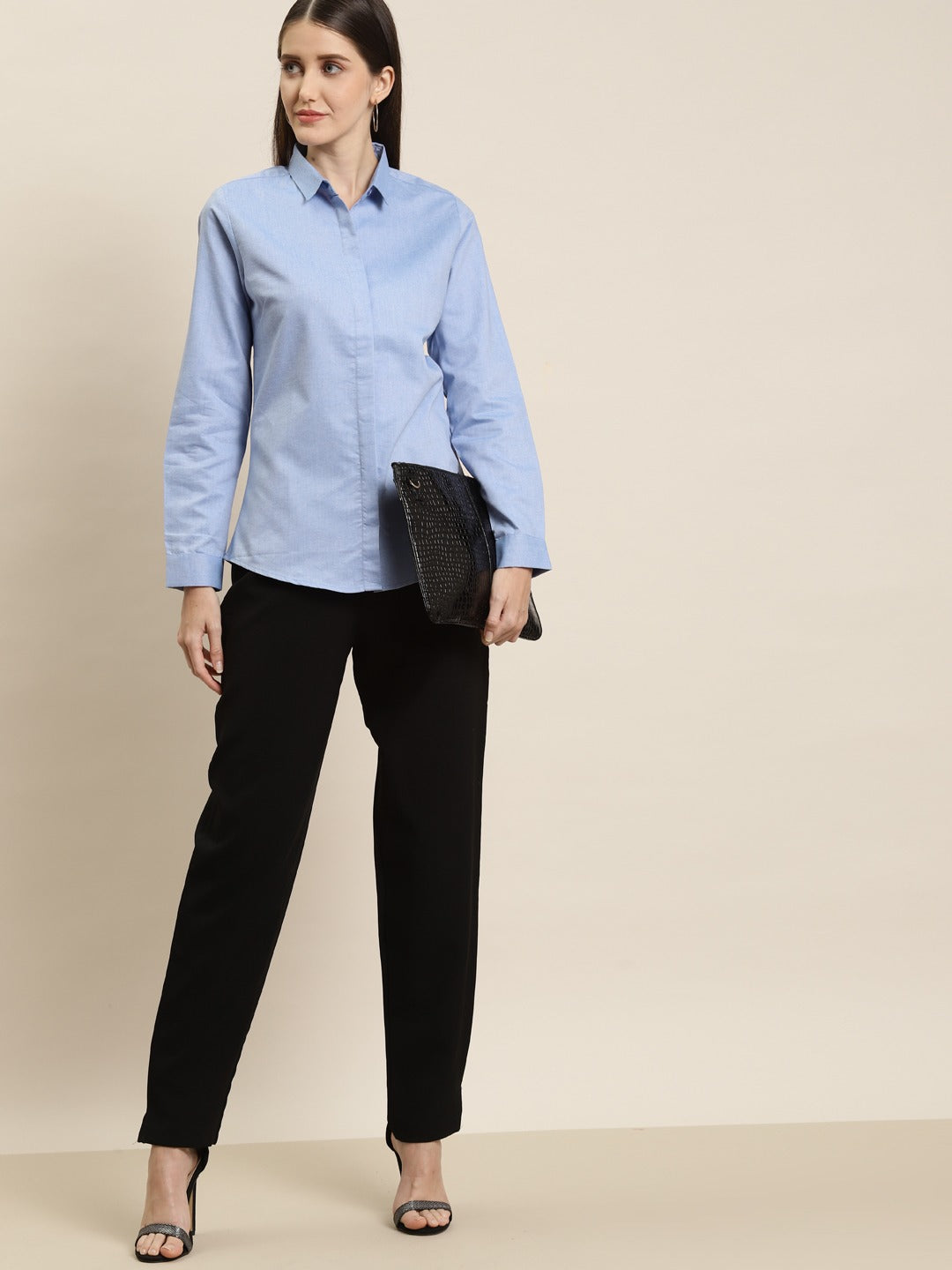 Sky Blue Blue Dress Shirt Black Pants Women Sky Blue Solid