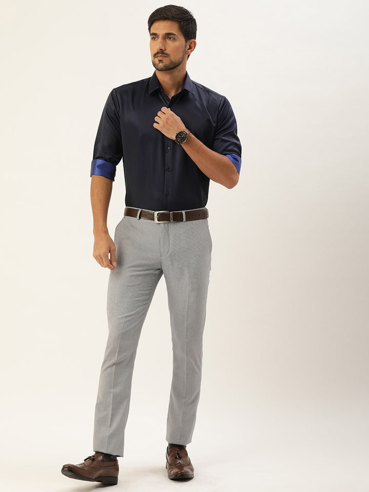 Men Navy Solids Polyester Slim Fit Formal Shirt