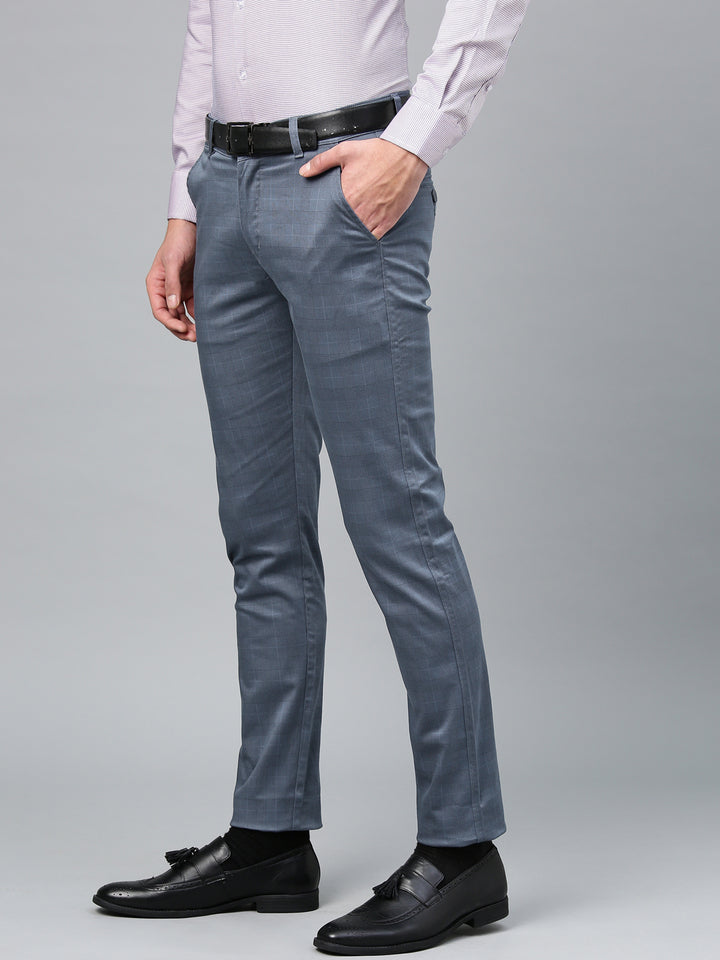 Men Blue Cotton Checked Slim Fit Casual Trouser