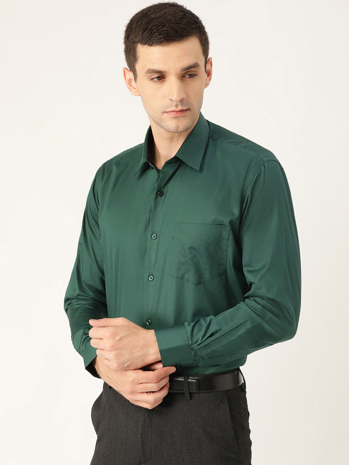 Men Bottle Green Solids Pure Cotton Slim Fit Formal Shirt