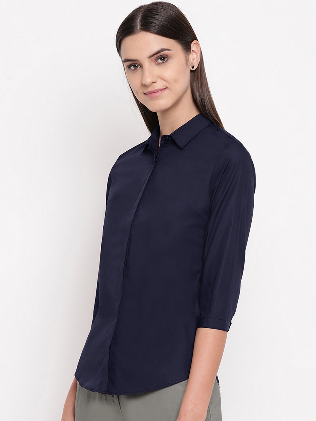 Women Navy Pure Cotton Solid Slim Fit Formal Shirt