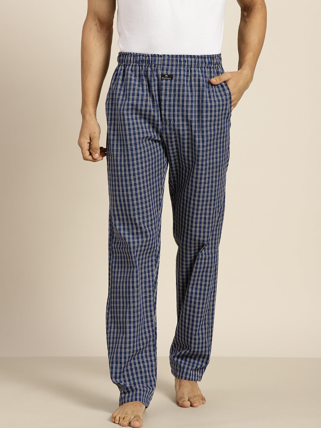 Men Blue-White Checks Pure Cotton Relaxed Fit Casual Lounge Pant