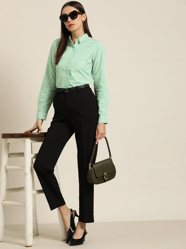 Women White & Green Candy Striped Cotton Slim Fit Formal Shirt