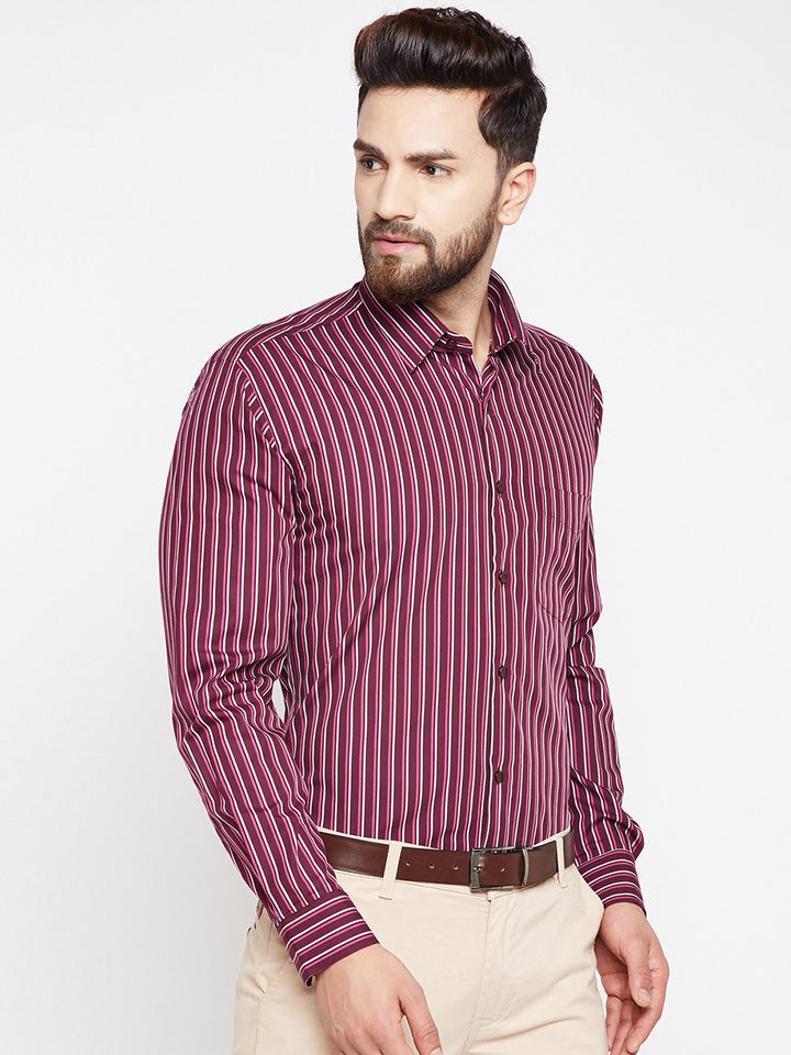 Men Maroon Stripes Pure Cotton Slim Fit Formal Shirt