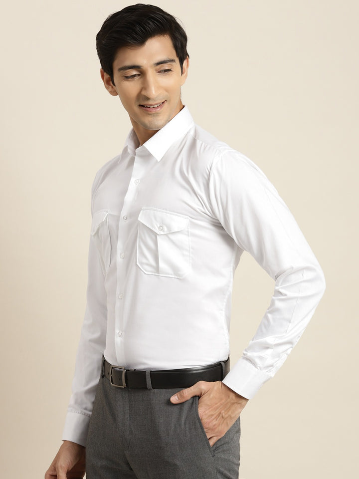 Men White Solid Double Pocket Double Flap Pure Cotton Slim Fit Formal Shirt