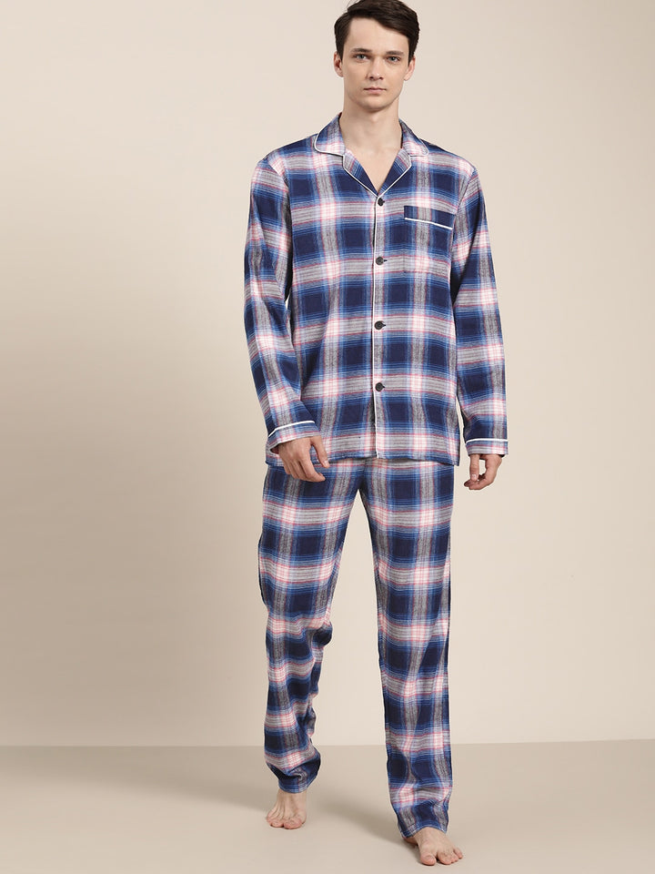 Men Blue Checks Pure Cotton Regular Fit Night Wear Night Suit