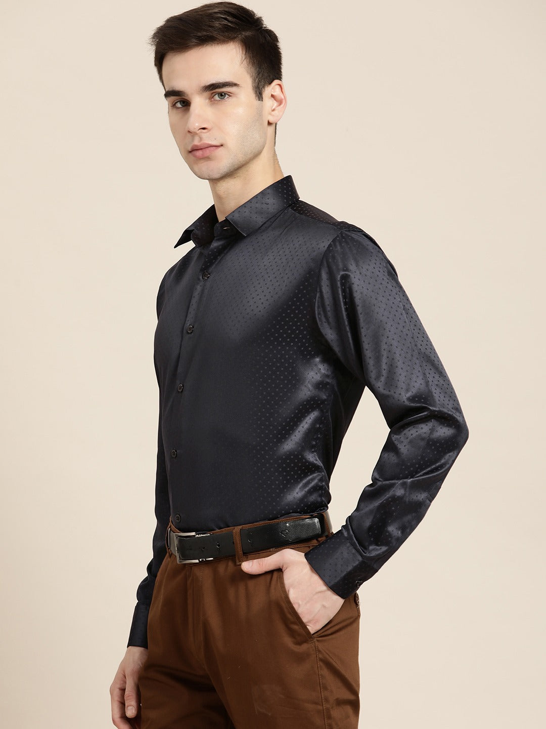 Men Navy Blue Solid Self Design Polyester Satin Slim Fit Party Formal Shirt
