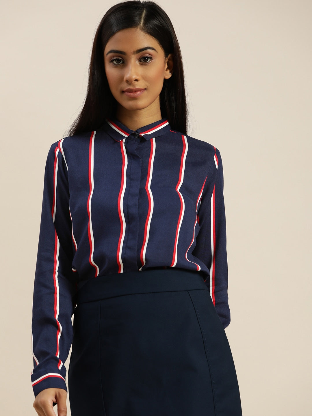 Women Navy & Red Striped Viscose Rayon Slim Fit Formal Shirt