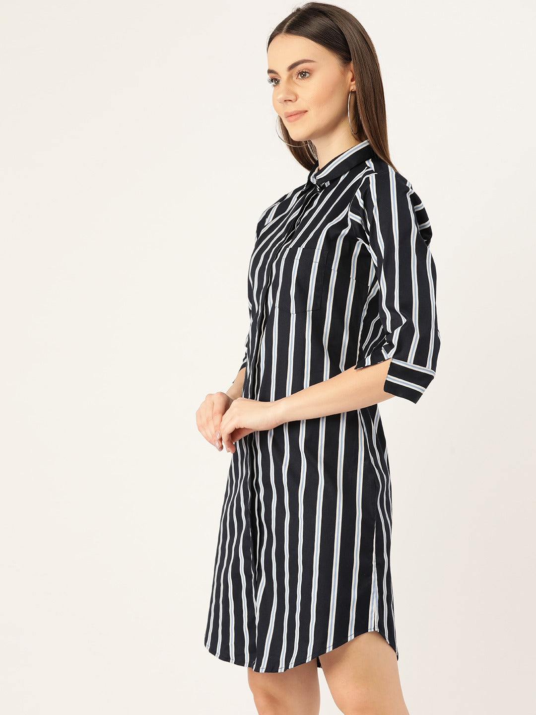 Women Navy Blue Stripes Pure Cotton Regular Fit Formal Dress