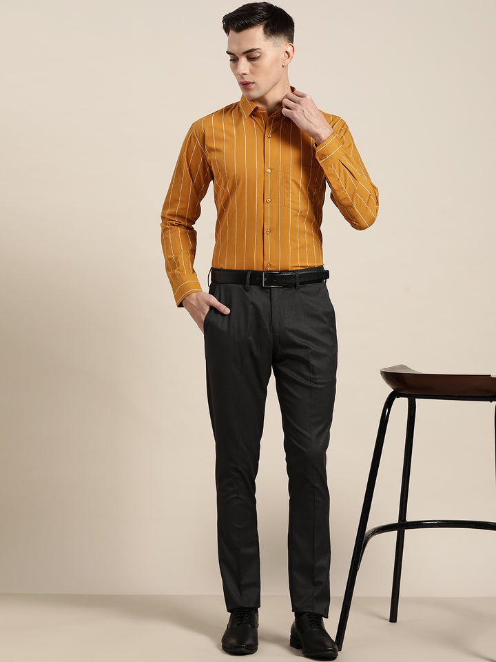 Men Mustard Stripes Pure Cotton Slim Fit Formal Shirt