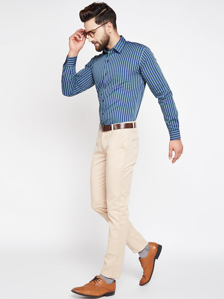 Men Navy Stripes Pure Cotton Slim Fit Formal Shirt