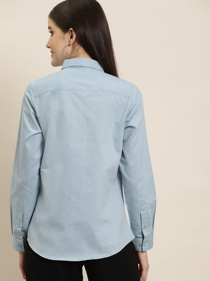 Women Turquoise Blue Solid Chambray Cotton Rich Slim Fit Formal Shirt
