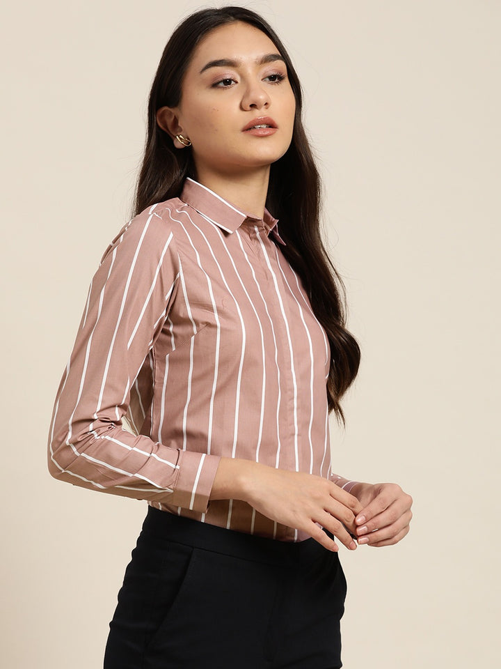 Women Coral Stripes Pure Cotton Slim Fit Formal Shirt