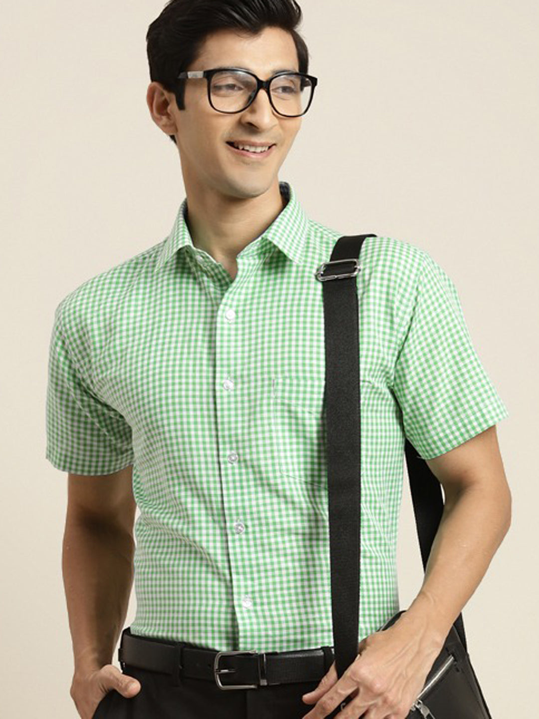 Men Green & White Checked Pure Cotton Short Sleeve Slim Fit Formal Shirt