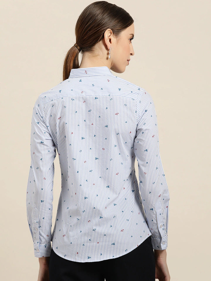 Women White & Blue Stripes Pure Cotton Slim Fit Formal Shirt