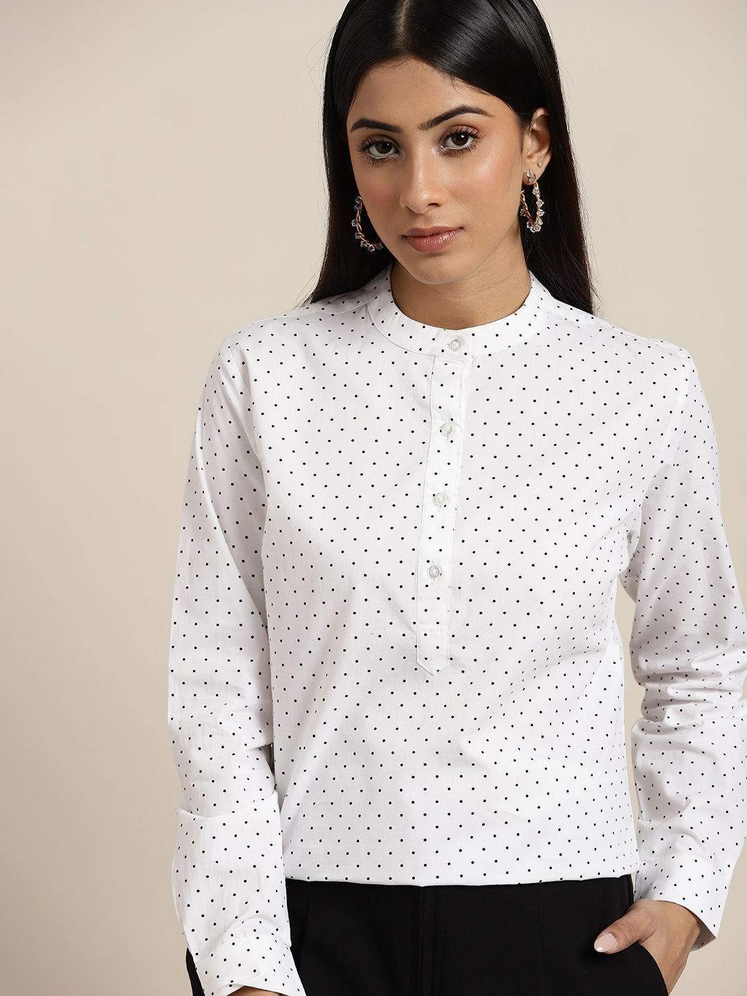 Women White Polka Dot Printed Pure Cotton Slim Fit Formal Top