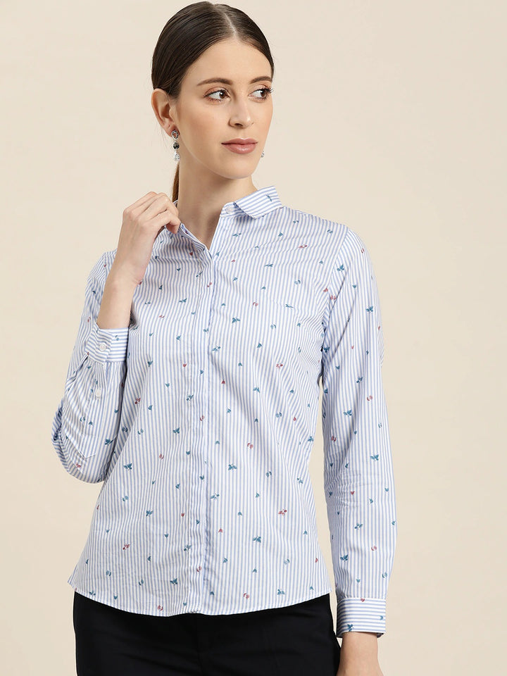Women White & Blue Stripes Pure Cotton Slim Fit Formal Shirt