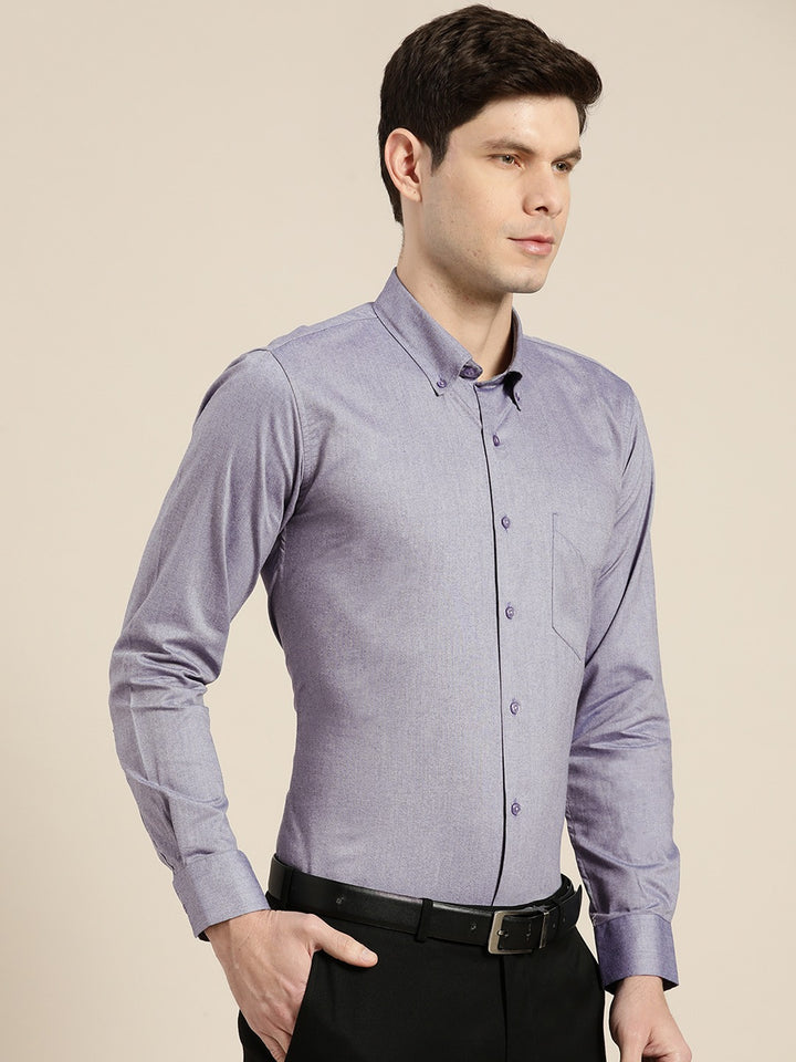 Men Navy Solid Chambray Button Down Collar Slim Fit Formal Shirt
