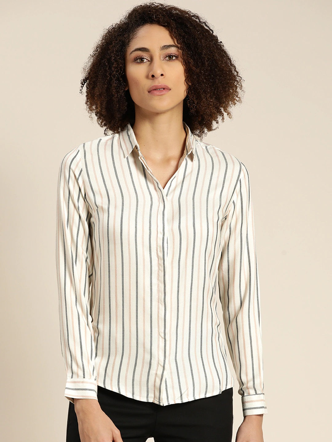Women White Stripes Viscose Rayon Slim Fit Formal Shirt