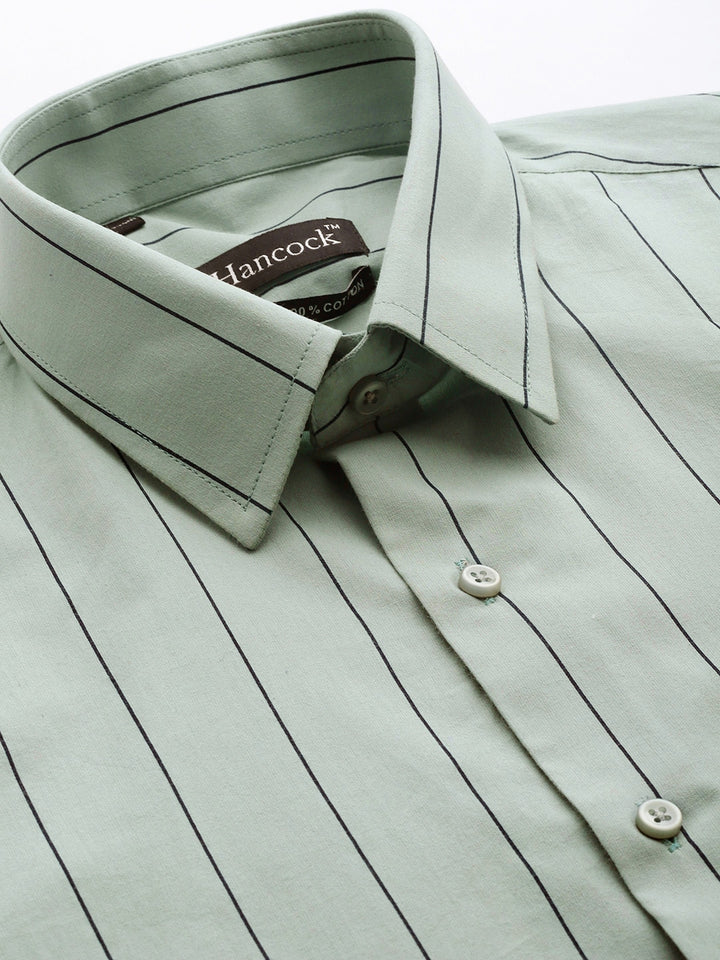 Men Green Stripes Pure Cotton Slim Fit Formal Shirt