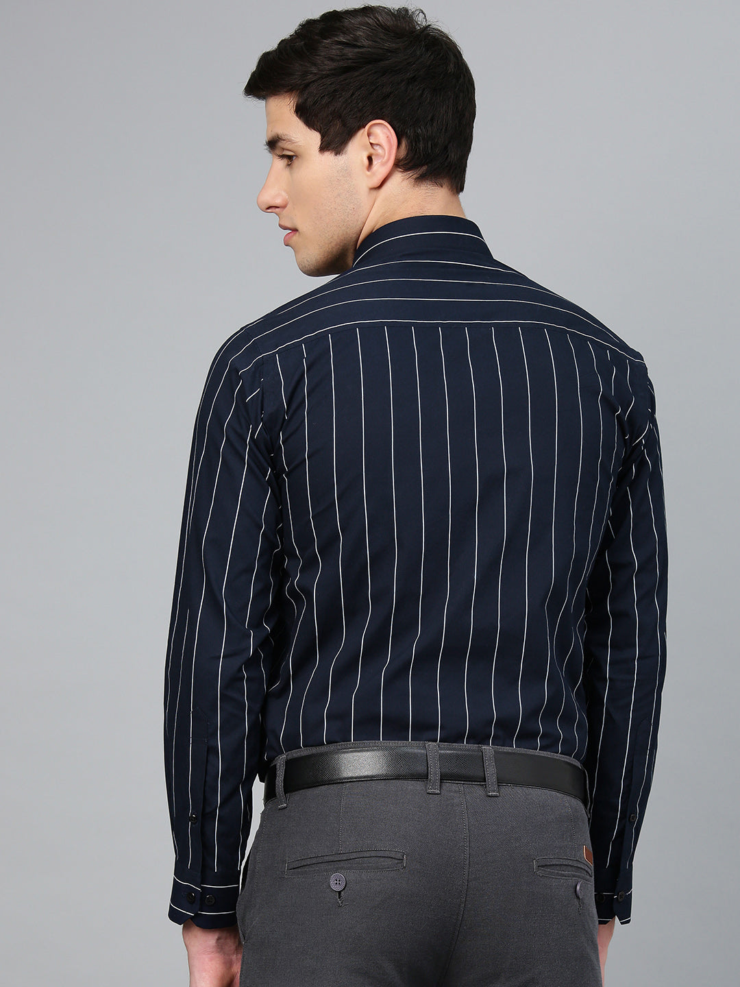 Men Navy Pure Cotton Striped Slim Fit Formal Shirt