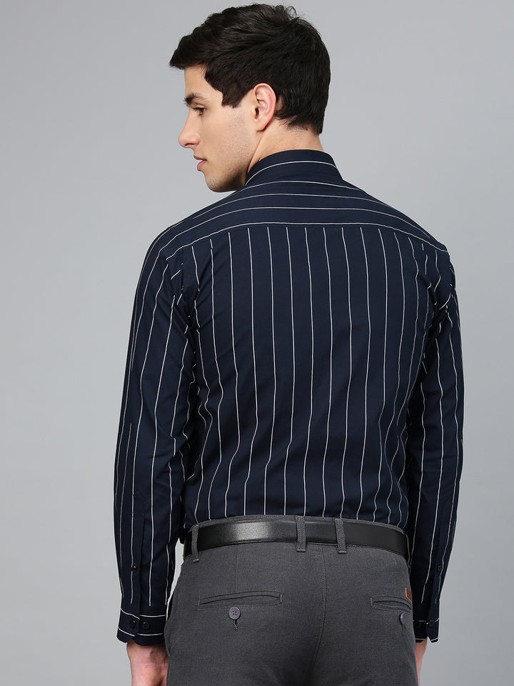 Men Navy Pure Cotton Striped Slim Fit Formal Shirt