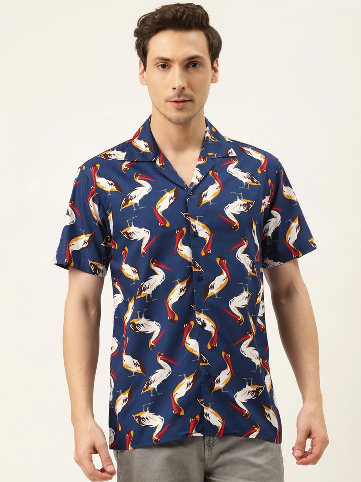 Men Navy Printed Pure Cotton Relaxed Fit Casual Resort Shirt