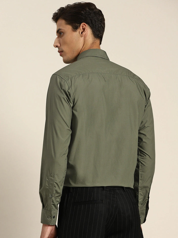 Men Dark Green Solids Pure Cotton Slim Fit Formal Shirt