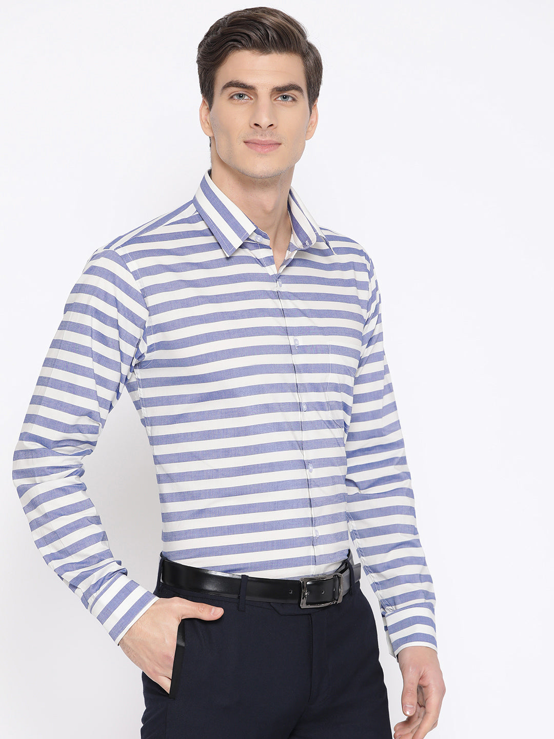 Men Blue & White Pure Cotton Striped Slim Fit Formal Shirt