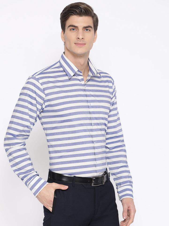 Men Blue & White Pure Cotton Striped Slim Fit Formal Shirt