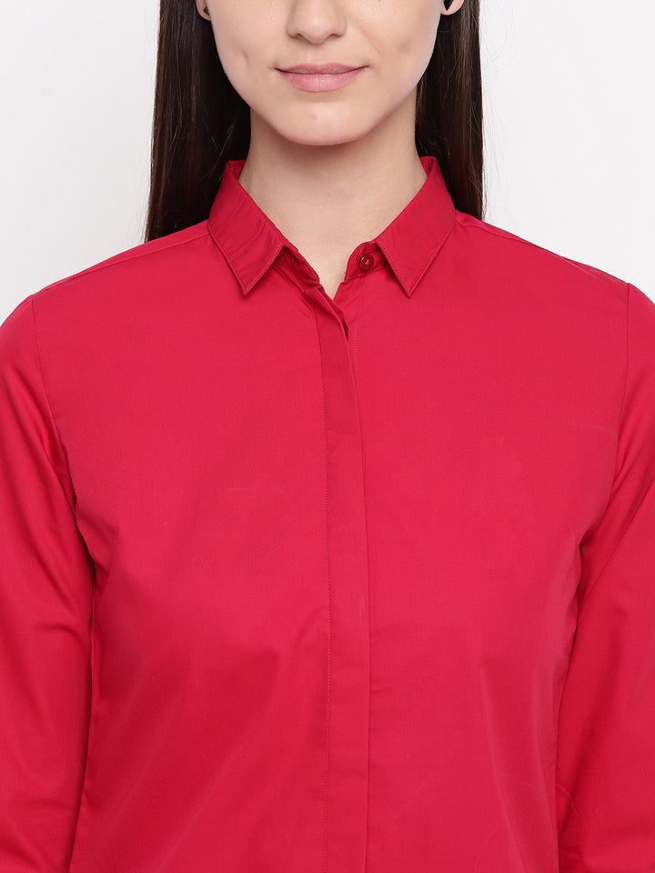 Women Red Pure Cotton Solid Slim Fit Formal Shirt