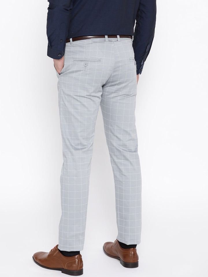 Men Light Grey Checked Cotton Stretch Slim Fit Formal Trouser