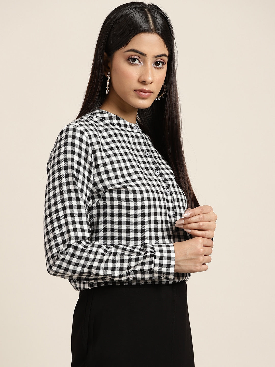 Women Black & White Checked Pure Cotton Slim Fit Formal Top