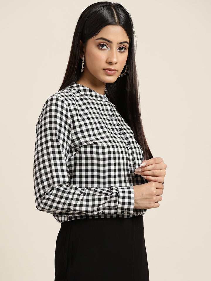 Women Black & White Checked Pure Cotton Slim Fit Formal Top