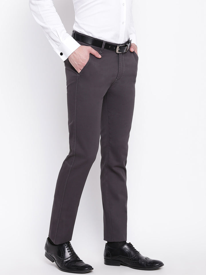 Men Dark Grey Pure Cotton Solid Slim Fit Casual Trouser