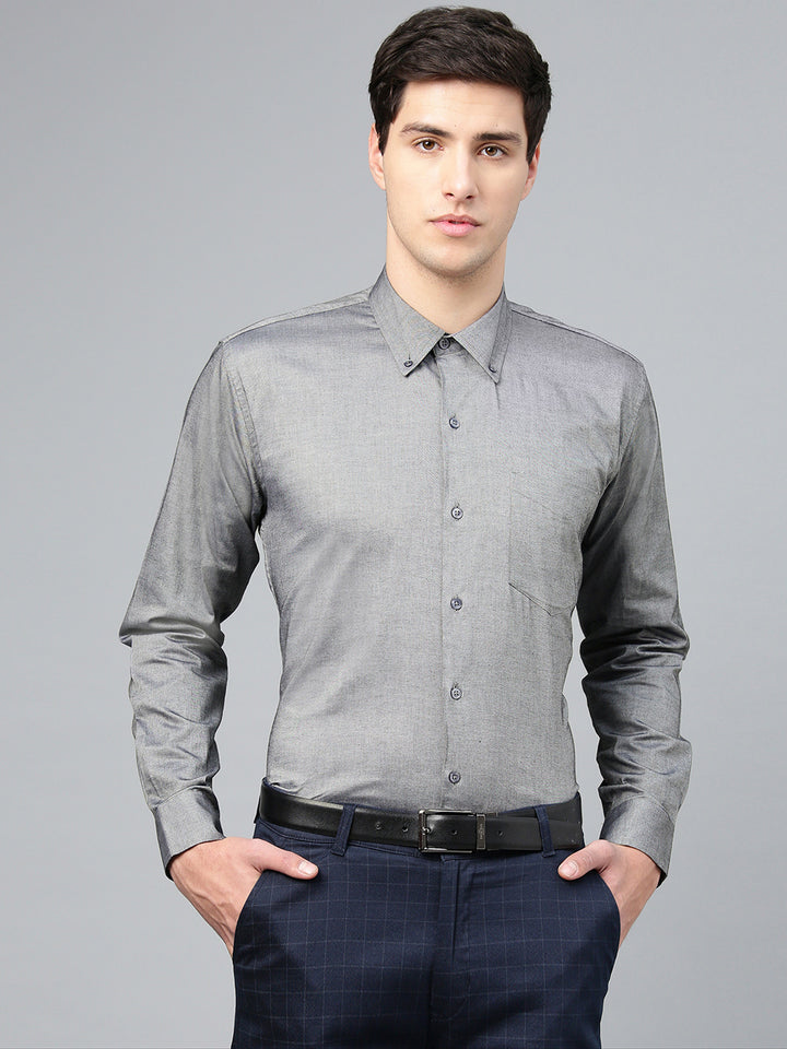 Men Grey Pure Cotton Solid Button Down Collar Slim Fit Formal Shirt