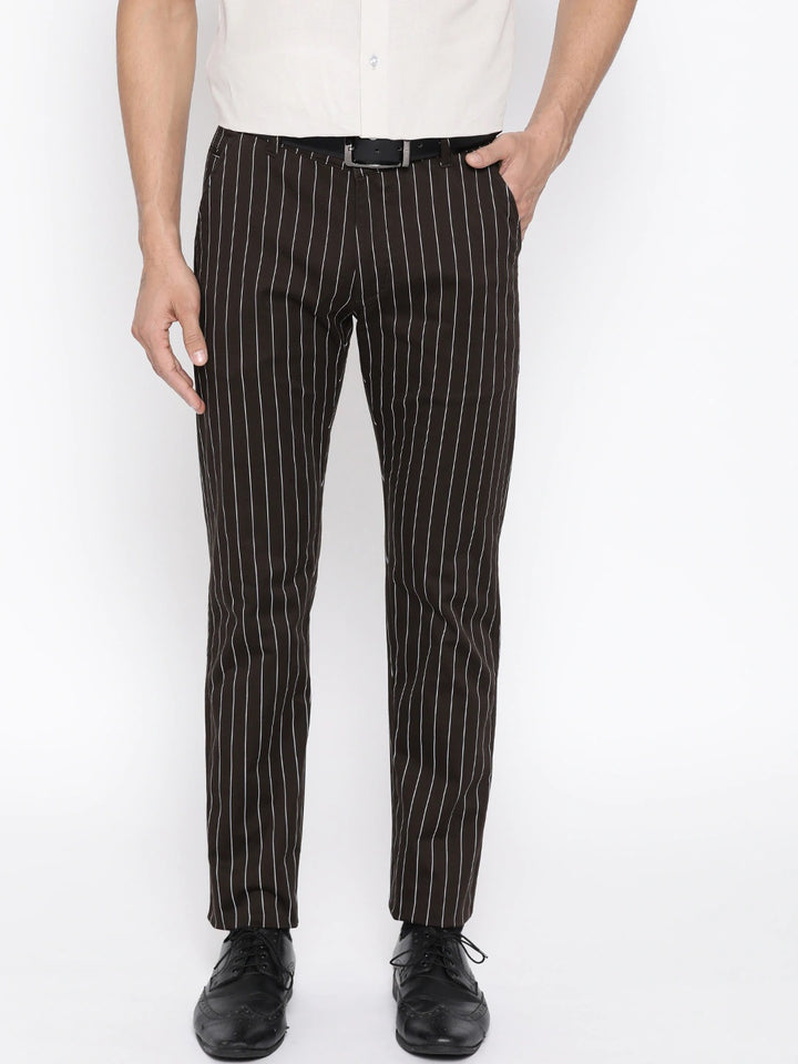 Men Brown Striped Cotton Stretch Slim Fit Formal Trouser