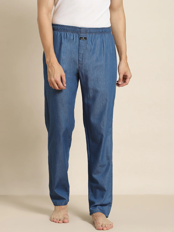 Men Blue Solid Denim Pure Cotton Relaxed Fit Casual Lounge Pant